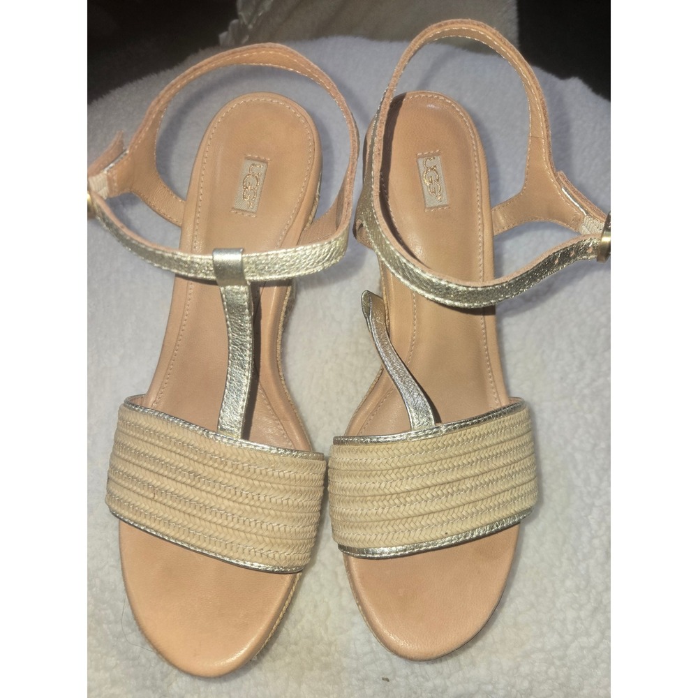 UGG Lucianna Gold‎ Metallic Leather T-Strap Woven Espadrille Wedge Sandals W7